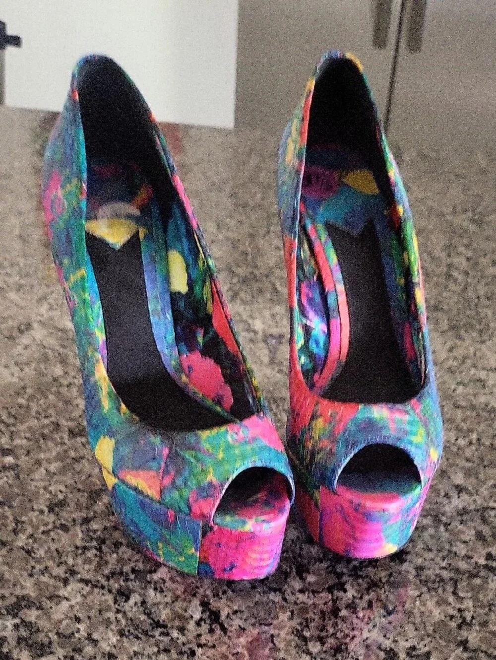 Brian Atwood Multicolor Paint-Splash Peep-Toe Platform Pumps